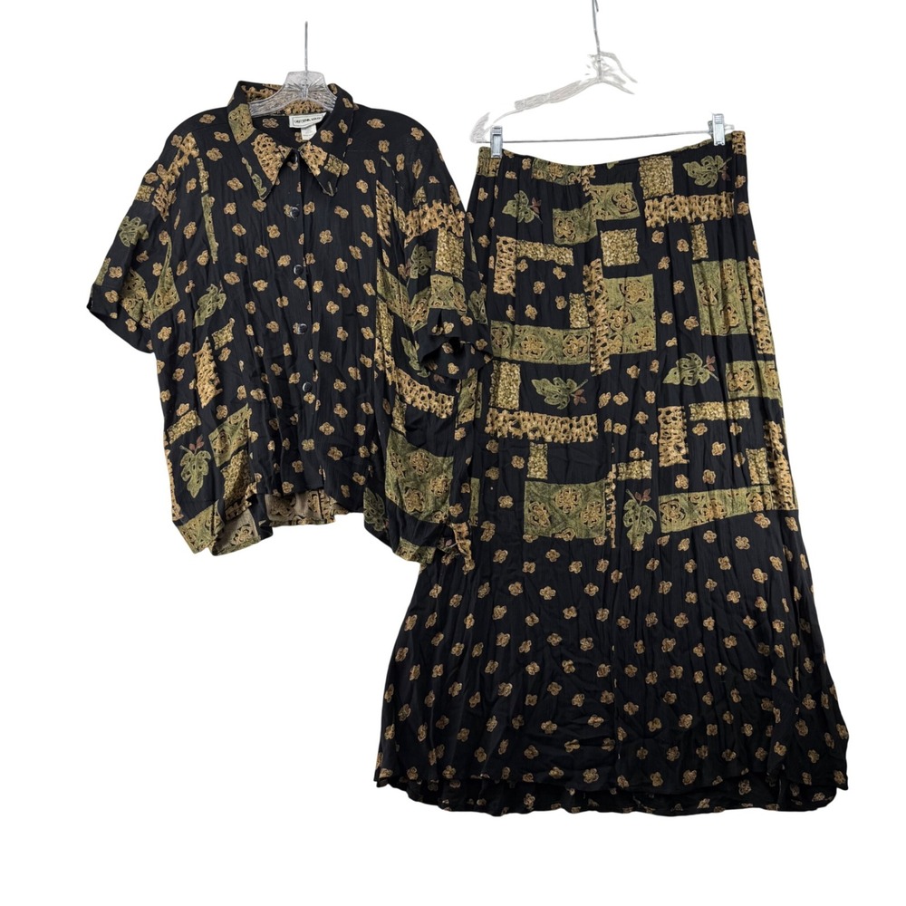 California Krush 2 Piece Skirt Set Womens L/XL Black Gold Floral Rayon Made USA